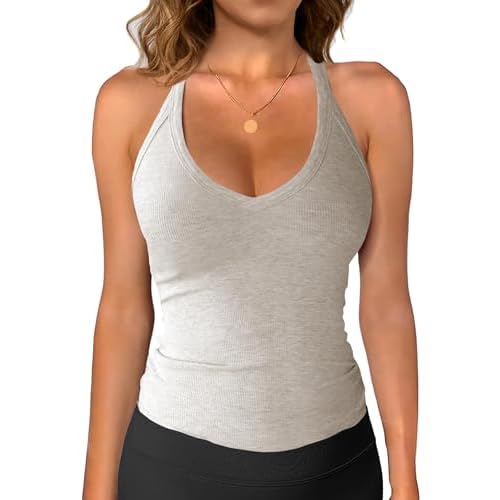 iGENJUN Workout Tops for Women Racerback Basic Tank Summer 2025 Camisole V Neck Slim Fit Ribbed Sleeveless Small Heather Grey