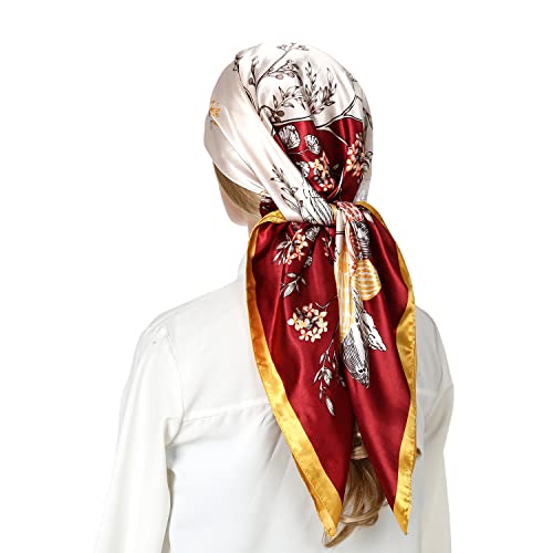 RIIQIICHY Head Scarf for Women Like Silk Satin Scarf for Hair Wrapping at Night Bandana Square Scarf for Sleeping 35 Inch Yellow-Red Wine-White