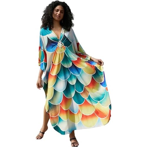 Wave Neck Swimsuit Cover Up Caftan Dress - Plus Size, Oversized, Long Beach Dress 8774-6 Fish Scale Pattern X-Large