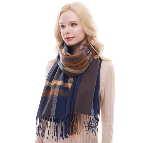 RIIQIICHY Plaid Scarf for Women Fall Winter Pashmina Scarves Wraps for Cold Weather Warm Large Navy-Yellow-Brown