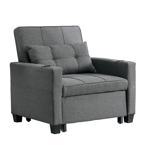 Convertible Living Room Chairs Futon Chair Bed 3-in-1 Pull Out Sleeper Chair Beds with USB Ports,Wear-Resistant and Anti-Scratch for Living Room (Grey