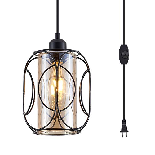 YLONG-ZS Hanging Lights with Plug in Cord, Vintage Black Pendant Lighting Plug in,Dimmable Glass Swag Hanging Lmap for Kitchen Island,Bedroom,Living R