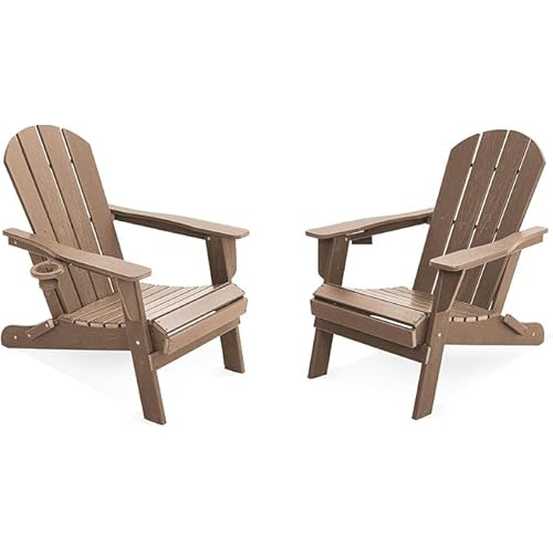 LOUNZY Folding Adirondack Chairs Set of 2, HDPE All-Weather Folding Adirondack Chair with Cup Holders, Outdoor Patio Adirondack Chair for Deck Lawn Fi