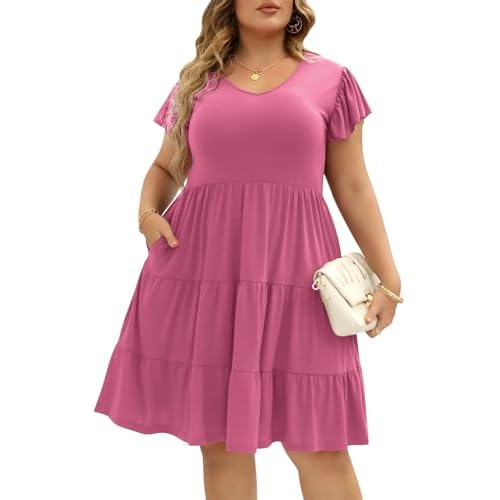 Celkuser Womens Plus Size Casual Summer Dresses Ruffle Sleeve Tiered Swing Midi Dress with Pockets 14 Plus Pink