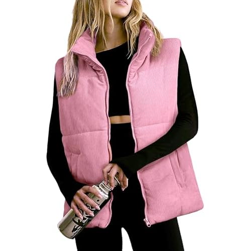 Women Quilted Puffer Vest Sleeveless Jacket Zip Up Stand collar Lightweight Outerwear with Pocket 2025 Trendy Corduroy Pink Medium