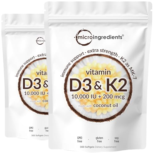 2 Pack Vitamin D3 10000 iu Plus K2 (MK-7) 200 mcg, 300 Virgin Coconut Oil Softgels | 2 in 1 Vitamins D & K Complex | Supports Calcium Absorption, Bone