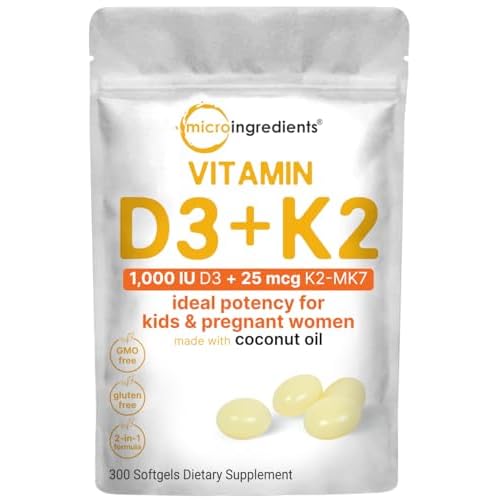 Micro Ingredients Vitamin D3 1,000 IU + K2 MK-7 25 mcg, 300 Softgels | Virgin Coconut Oil | 2-in-1 Bone, Immune & Heart Support | Easy to Swallow, Non