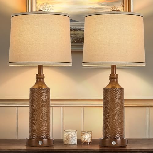 AIDENOEY 27.5" H 3-Way Dimmable Touch Control Table Lamp with USB A+C Ports, Vintage Walnut Finish Resin Bedside Farmhouse Table Lamp Set of 2，for L