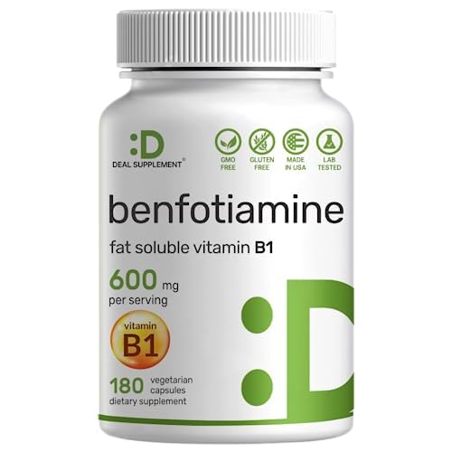 Benfotiamine 600mg Per Serving, 180 Veggie Capsules (300mg Per Cap) – Fat Soluble Vitamin B1 Thiamine Supplement – 3rd Party Tested, Vegan, Non-GM
