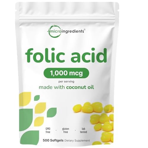 Folic Acid 1,000 mcg, 500 Coconut Oil Softgels (1mg) | Essential Prenatal Vitamins (Vitamin B9) | 1,667 mcg DFE | Third Party Tested, No Artificial Co