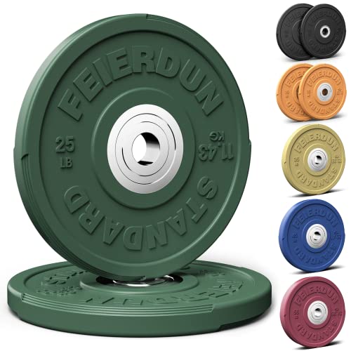 FEIERDUN 2" Color Olympic Bumper Plate Weight Plate for Strength Training - 100% Virgin Rubber C) 25LBS Pair