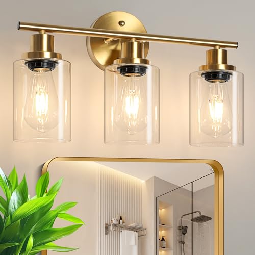Unicozin Modern Bathroom Light Fixtures, 3 Light Vanity Lights, Gold Wall Lamp with Clear Glass for Bathroom, Mirror, Living Room, Bedroom, Hallway, E
