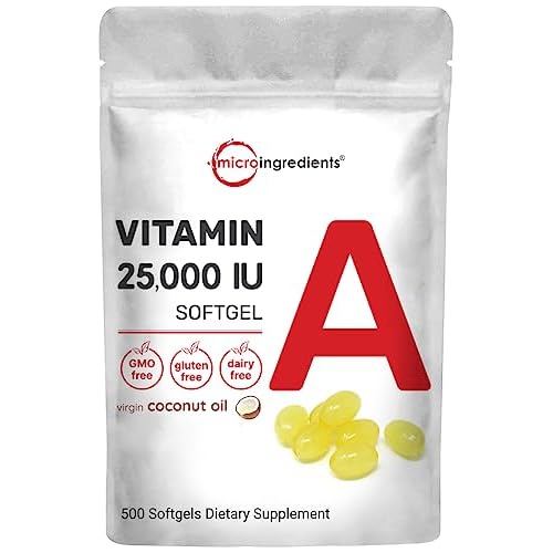 Micro Ingredients Maximum Strength Vitamin A 25000 IU | 500 Softgels with Coconut Oil for Better Absorption | Essential Vitamins for Vision, Growth, &