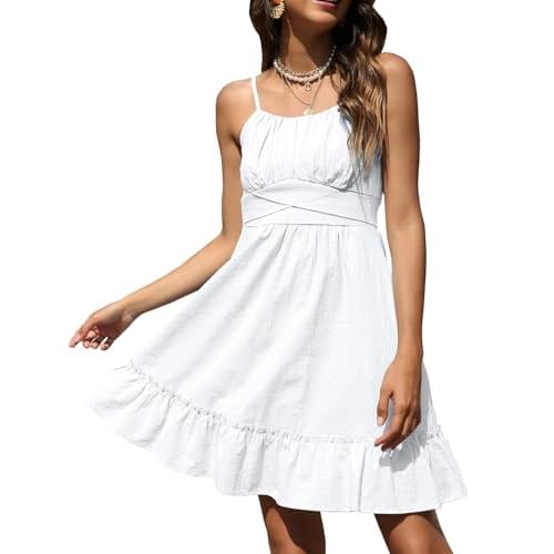 ROYLAMP Women's Summer Spaghetti Strap Dress Casual Wrap Sleeveless Backless Ruffle Hem Swing Mini Dresses with Pockets Large White