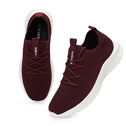 VAMJAM Men's Running Shoes Fashion Sneakers Lightweight Breathable Flying Knitting Lace Up Mesh Walking Shoes Workout Casual Sports Shoes 8 Wine Red02