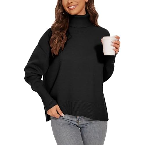 Women's Turtleneck Sweater Long Sleeve Casual Ribbed Pullover 2024 Fall Winter Loose Knit Jumper Top Black Medium