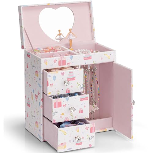 Vlando Musical Jewelry Box for Girls, Large Kid Music Box with Ballerina for Birthday Bedroom Decor, 4 Layer Girl Jewelry Gifts for Girls Kids - Fanta