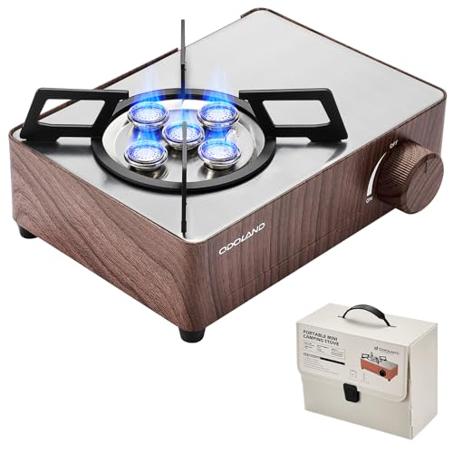 Odoland 7500BTU Camping Butane Stove with Compact Carry Case, CSA Certified Portable Gas Stove for Backpacking,Picnic,Outdoor Adventures,Brown