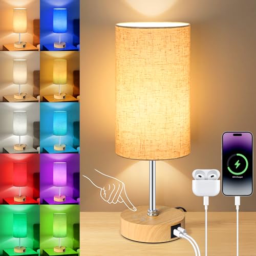 Unicozin Small Table Lamp, 3CCT & 7 RGB Color Changing, Dimmable Nightstand Lamp with Wood Grain Base, Touch Bedsides Lamp for Bedroom, Office, Kids R