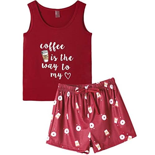 VENTELAN Women Pajamas Cute Tank and Shorts Set Soft PJS Sleepwear Loungewear Small Wine Red