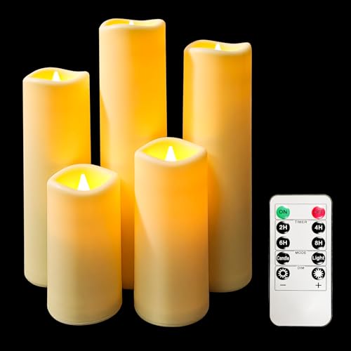 YIWER LED Outdoor Flameless Candles - Set of 5 Battery Operated Candles with 10-Key Remote Ivory Flickering Plastic Pillar Candles for Wedding, Table,