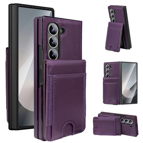 for Samsung Galaxy Z Fold 6 Case with Wallet, Built in Front Glass Screen Protector, 3 Card Slots and Any Angle Kickstand - DeepPurple Deep Purple Z F
