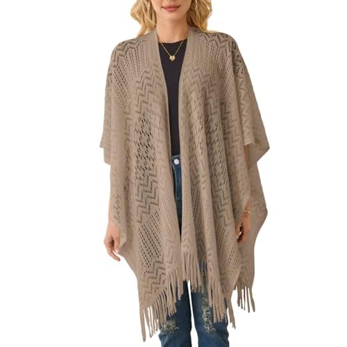 Ferand Women's Fringe Crochet Shawl Wraps Lightweight Open Front Poncho Cardigan for Spring Summer Khaki