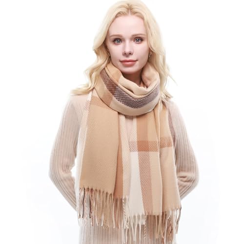 RIIQIICHY Plaid Scarf for Women Fall Winter Pashmina Scarves Wraps for Cold Weather Warm Large Camel-Beige