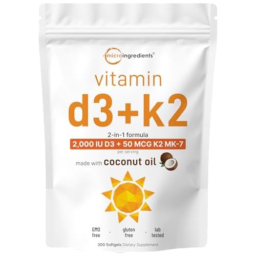 Micro Ingredients Vitamin D3 2,000 IU + K2 MK-7 50 mcg, 300 Softgels | Virgin Coconut Oil | 2-in-1 Bone, Immune & Heart Support | Easy to Swallow, Non