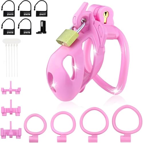 Male Chastity Cage Device - Lightweight Cock cage with 3 Sizes Locking Attachment & 4 Cock Rings, Double Metal Lock Penis cage with 5 Disposable Lock,