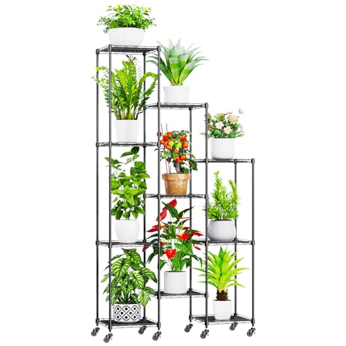 Abimars 74'' Tall Plant Stand with Wheels, Shelf Height Adjustable Metal Plant Shelf for 10 Potted Plants, DIY Assembly Indoor & Outdoor Plant Display