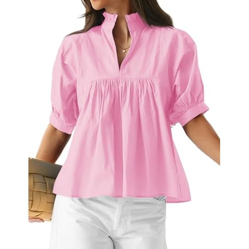 Womens Puff Short Sleeve V Neck Blouse Dressy Casual Shirt Loose Fit Peplum Babydoll Pleated Tops Pink Medium
