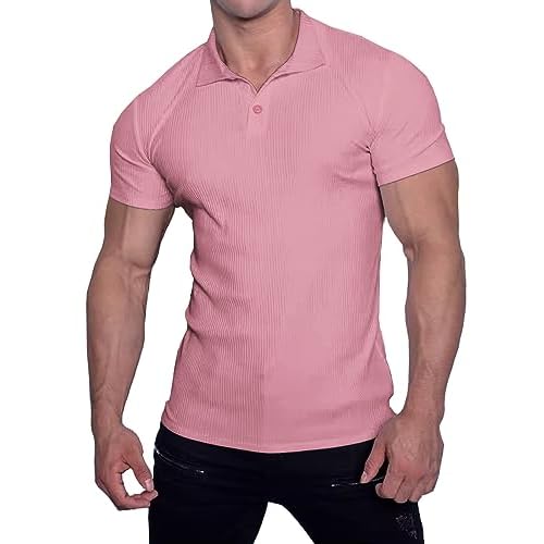Muscle Cmdr Men's Slim Fit Muscle Polo Shirts Long&Short Sleeve Stretch Quick Dry Tee Casual Golf Athletic T-Shirts Small A-Pink-short