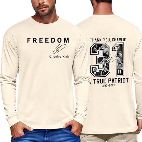 PBNBP Charlie Kirk Shirts for Men Freedom T Shirt Patriotic Commemorative Crewneck Long Sleeve Tops Letters Graphic Tees Beige Medium