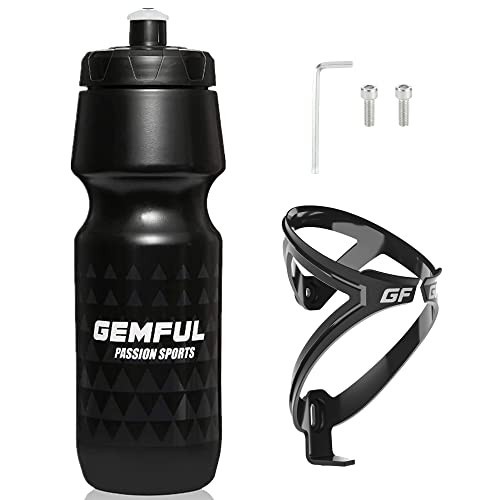 GEMFUL 24 oz Cycling Water Bottle and Cage Set BPA Free Bike Water Bottle Holder Combo Leak Proof Lightweight 750ml Fits MTB Mountain Road Bicycle (Bl
