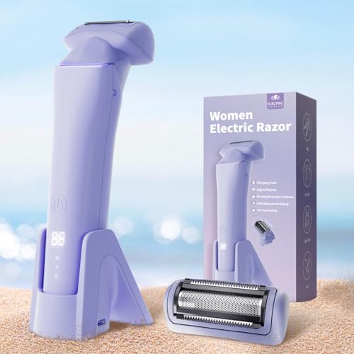 krofaue Women Electric Shaver - Cordless Waterproof Body Foil Shavers, Dry & Wet Electric Razors for Women with LED Display USB Charge Dock Purple Ele