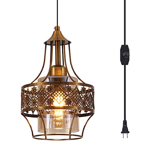 YLONG-ZS Farmhouse Plug in Pendant Light, Glass Hanging Lamp Gold, Vintage Swag Lights with Plug in Cord 16ft for Kitchen Island，Dining Room，Bedro