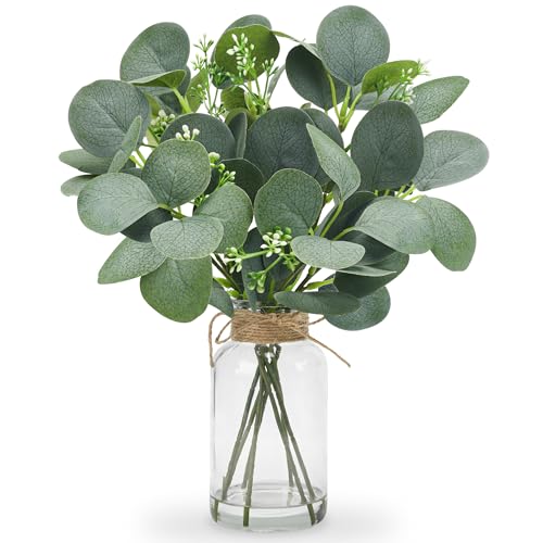 Der Rose 13.5" Fake Plants for Bathroom Decor Artificial Eucalyptus Stems in Clear Glass Vase with Faux Water for Office Desk Accessories Home Table C