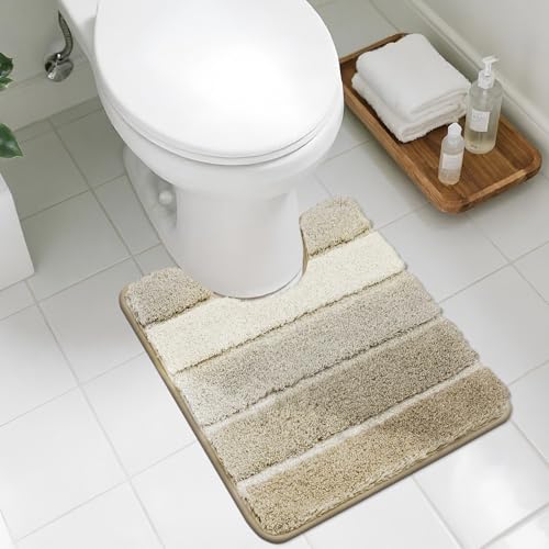 COSY HOMEER Toilet Rugs U-Shaped 24"x20", Ultra Soft Absorbent Bath Mat with Non-Slip TPR Backing, Machine Washable Shaggy Rug for Toilet, Beige Beige