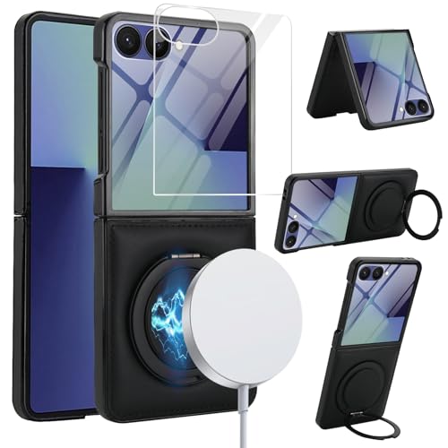 for Samsung Galaxy Z Flip 7 Case with Magnetic Ring Holder, 360 Rotating Bracket, Built-in Front Screen Protector, Slim Anti-Drop Shockproof Case.(Bla
