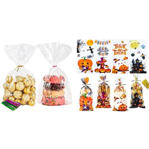 NPLUX Bundle of 100 Pack Cellophane Bags and Halloween Treat Bags with Ties for Party Favors, Bakery, Candy, Popcorn