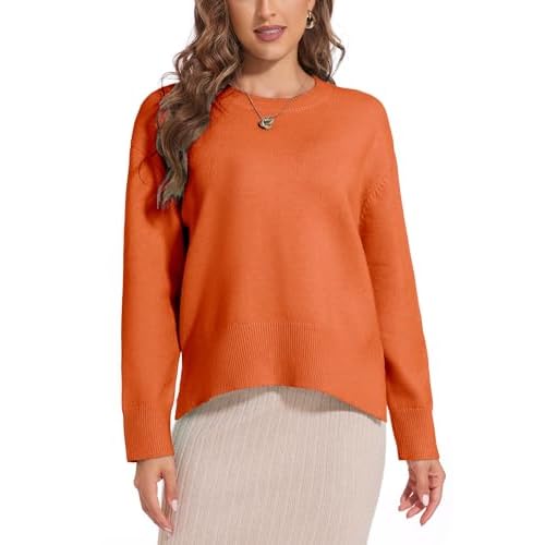 Women's Crewneck Long Sleeve Sweaters 2024 Fall Winter Loose Casual Ribbed Knit Side Slit Pullover Tops Orange Rust Small
