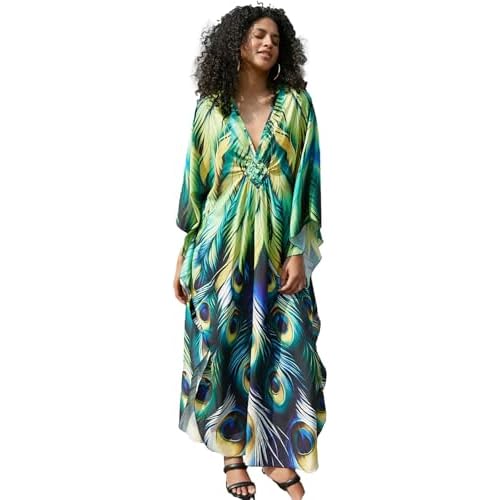 Wave Neck Swimsuit Cover Up Caftan Dress - Plus Size, Oversized, Long Beach Dress 8774-12 Peacock Feathers X-Large