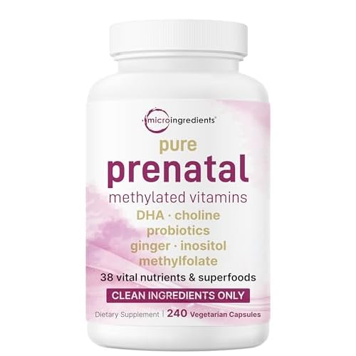 Pure Methylated Prenatal Vitamins for Women, 240 Veggie Capsules | 38 Vital Nutrients with DHA, Choline, Probiotics, Ginger, Inositol, & Vitamin A, C,