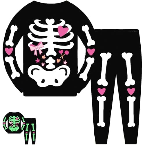 Tkria Kids Pajamas for Boys Skeleton Glow-in-The-Dark Cotton Sleepwear Toddler Clothes Halloween Outfit Size 1-7T… 2T Skeleton Heart