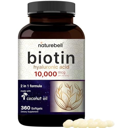 Biotin 10000mcg + Hyaluronic Acid 25mg | 360 Coconut Oil Softgels, Premium Biotin Vitamins for Hair Skin and Nails, Highly Purified and Bioavailable,