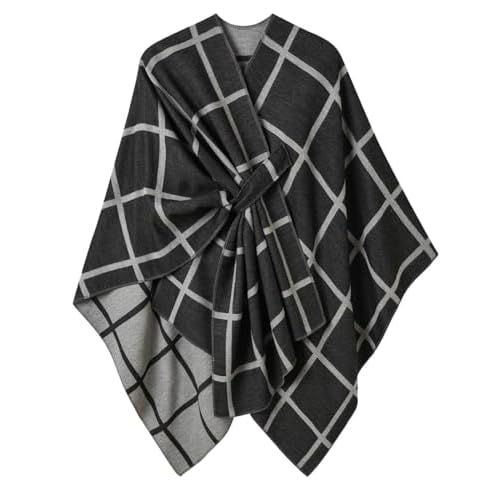 Ferand Shawl Wraps for Women, Open Front Poncho Sweater, Warm & Soft Gifts for Fall Winter Black & Grey