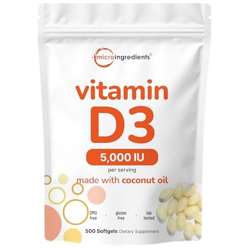 Micro Ingredients Vitamin D3 5,000 IU, 500 Softgels | Virgin Coconut Oil | Cholecalciferol Form | Bone, Immune & Heart Support | Easy to Swallow, Non-