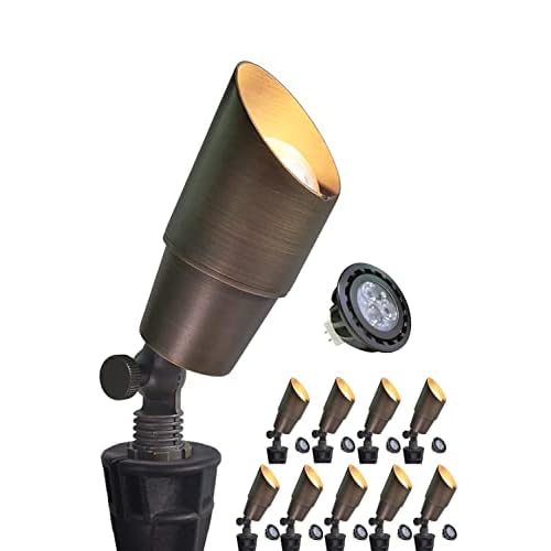MALORY Brass Landscape Spotlight 10-Pack with Bulb(S01), Low Voltage 12V AC-DC LED Outdoor Landscape Lighting,PVC Ground Stake and Wire Connector Incl