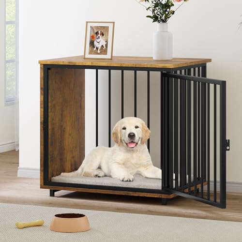 YITAHOME Medium Dog Crate Furniture, 28.5" Wooden Dog Kennel End Table with Metal Mesh, Indoor Dog House Dog Cage for Medium Small Dogs, Brown
